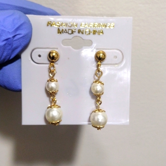 Women's Polished Gold-tone Off-White Beads Design Drop Dangle Earrings, #6 - Picture 1 of 4